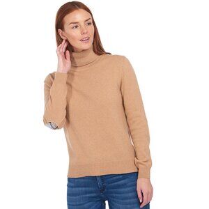 BARBOUR Pendle Roll Collar Sweater Turtleneck Elbow Patches Tan Wool Cotton